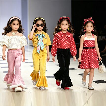 幼儿园8090年代怀旧t台模特走秀复古港风儿童表演出服装女孩套装