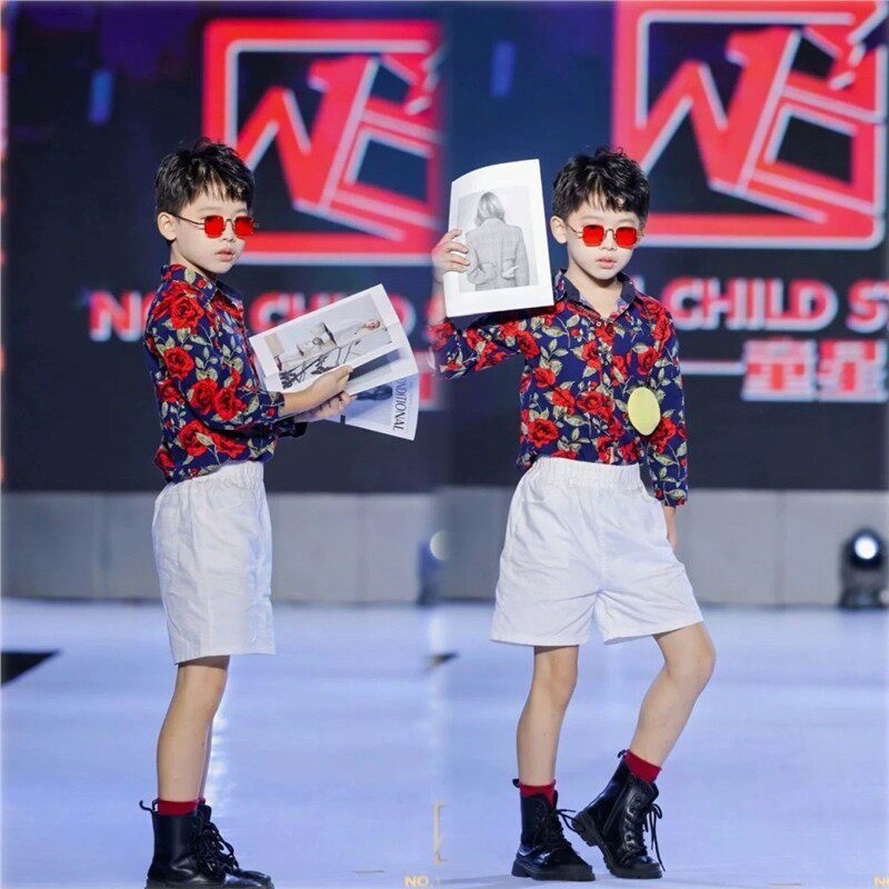 儿童复古怀旧港风演出服男童幼儿园8090年代花衬衫走秀个性潮服