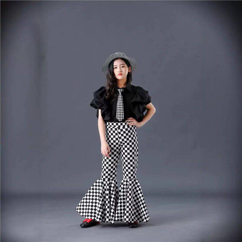 女童复古港风喇叭裤儿童T台走秀潮服个性机车服摇滚风时尚演出服