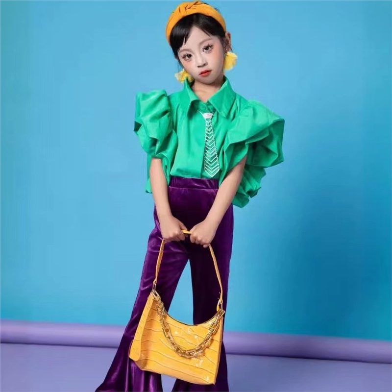 儿童复古港风喇叭裤衬衫套装幼儿园80年代主题走秀爵士舞蹈演出服