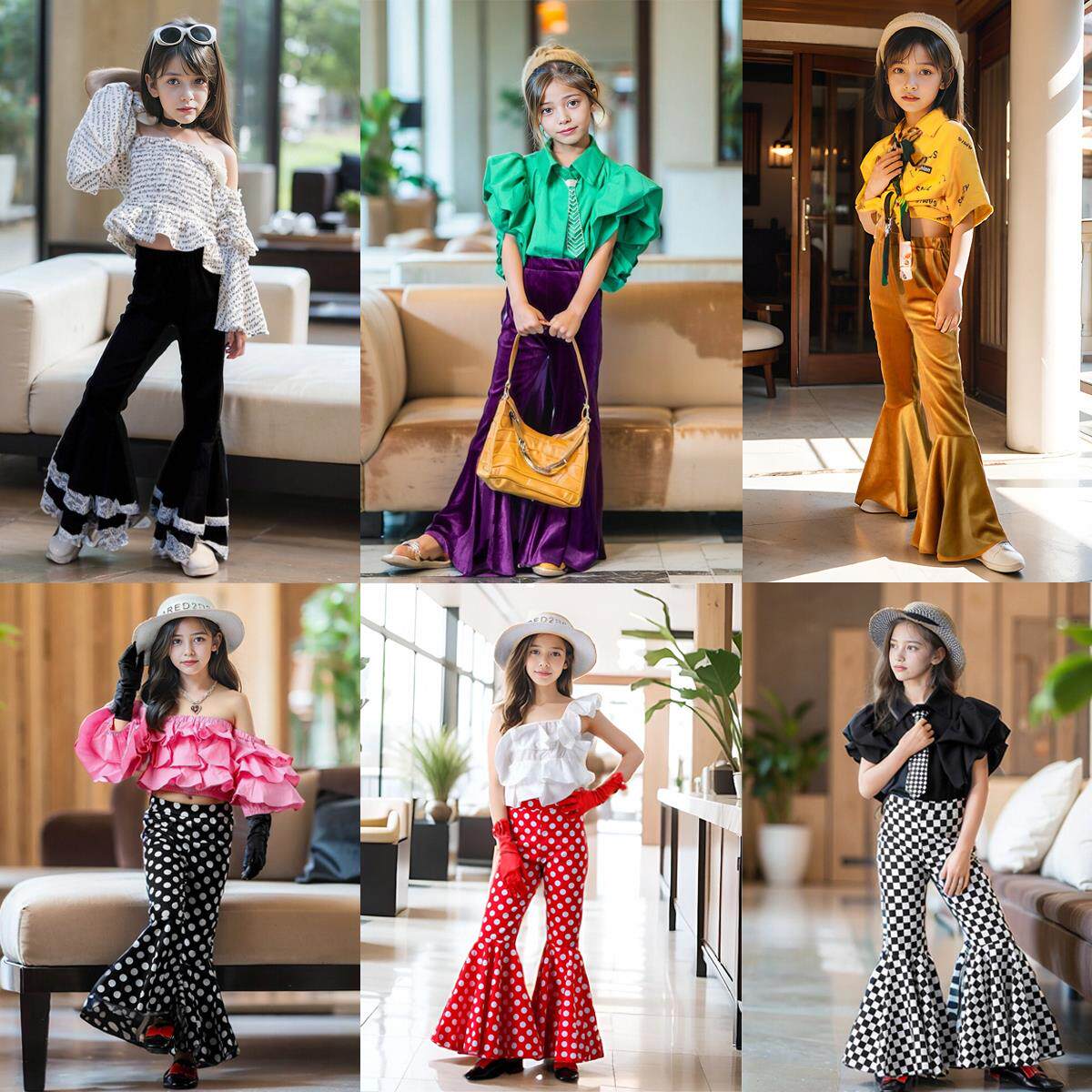 租赁儿童礼服女童T台走秀复古港风潮服模特80年代喇叭裤花衬衫酷
