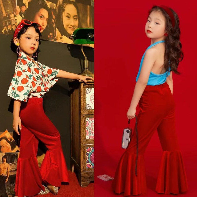 儿童复古港风演出服女童花衬衫喇叭裤套装怀旧走秀护花使者服装
