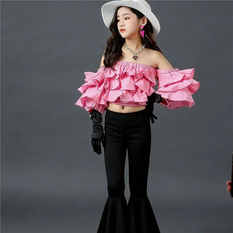 女童六一复古港风走秀潮服时尚8090年代喇叭裤儿童机车摇滚演出服