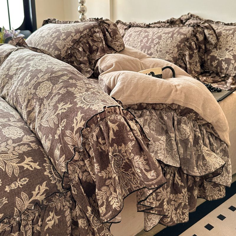 新款A面加厚亚麻B面牛奶绒四件套