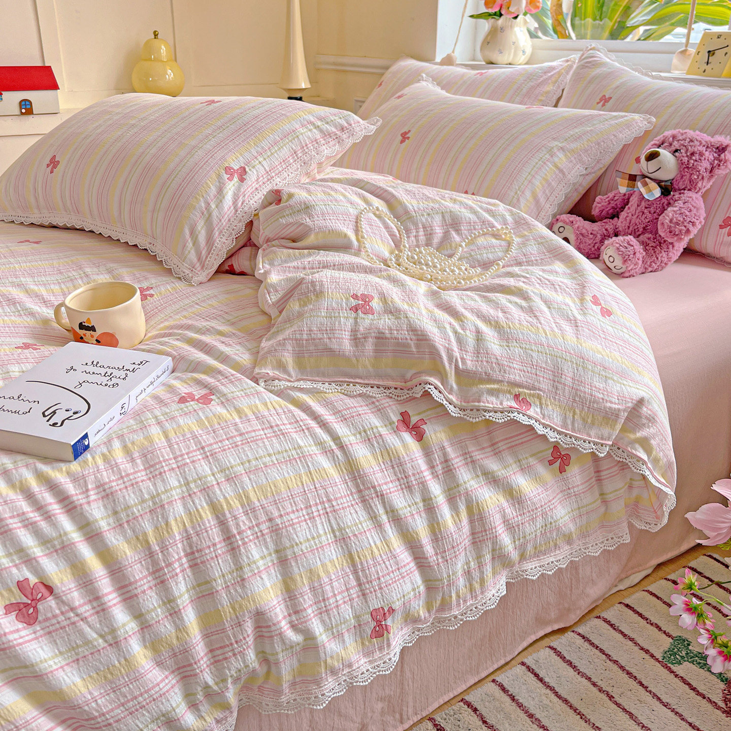 2026新款夏季柔软云感针织双层纱镂空白色花边家用床上用品四件套