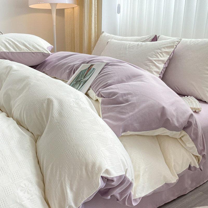 简约华夫格水洗棉磨毛被套四件套床单被子床笠单人宿舍三件套床品