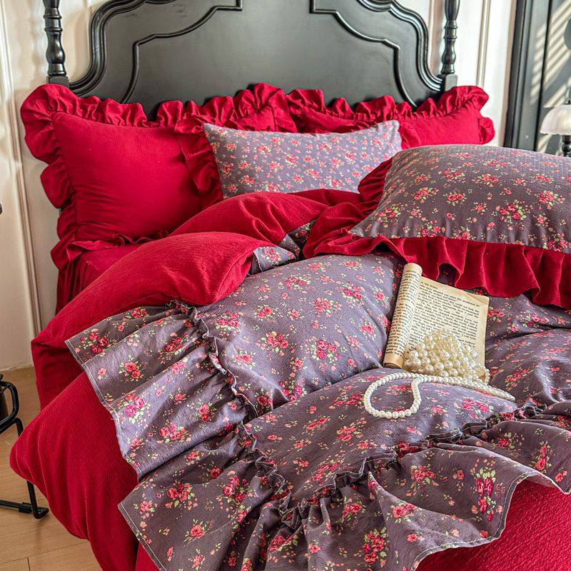 仿棉皱皱纱双层纱水洗棉喜庆浪漫大红床单被套四件套床裙盛世床品,床上用品,床品套件/四件套/多件套,淘宝优惠券,粉丝福利购,淘宝优惠卷