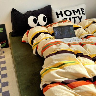 A秋冬加厚加绒ins混搭条纹牛奶绒床上四件套宿舍三件套床单床笠款