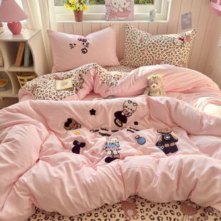 云朵棉毛巾绣小清新猫咪卡通四件套学生宿舍三件套少女心床单床笠