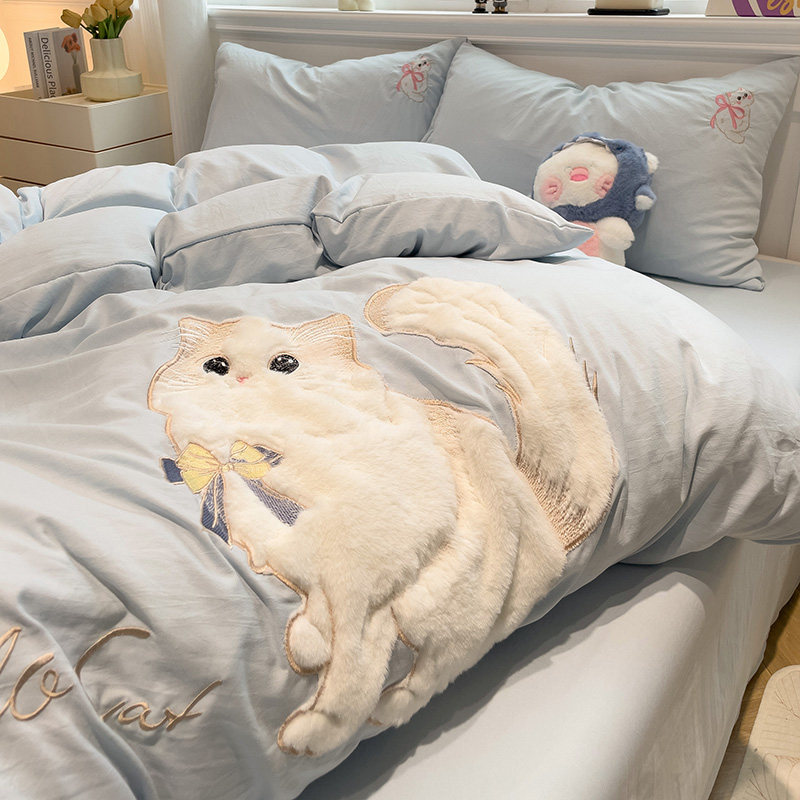 新款家用可爱奶猫款超柔水洗棉重工刺绣贴布绣素色亲肤四件套床品,床上用品,床品套件/四件套/多件套,淘宝优惠券,粉丝福利购,淘宝优惠卷