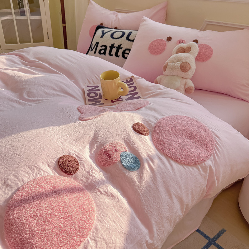 新款毛巾绣水洗棉小猪卡通家用床上用品四件套学生宿舍可爱三件套