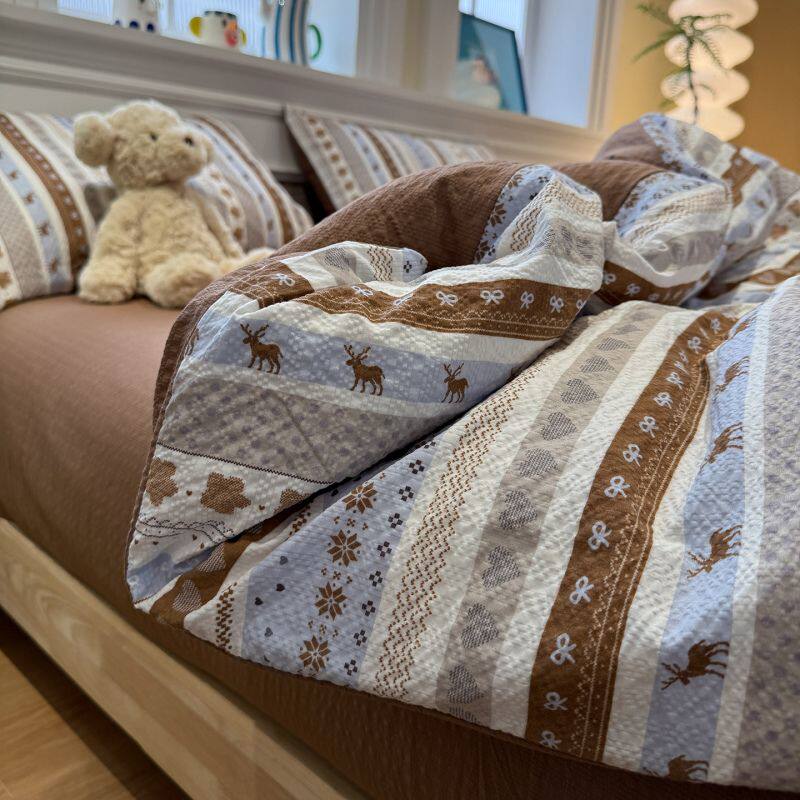 简单款泡芙棉印花床上四件套费尔岛风学生宿舍三件套床单款床笠款