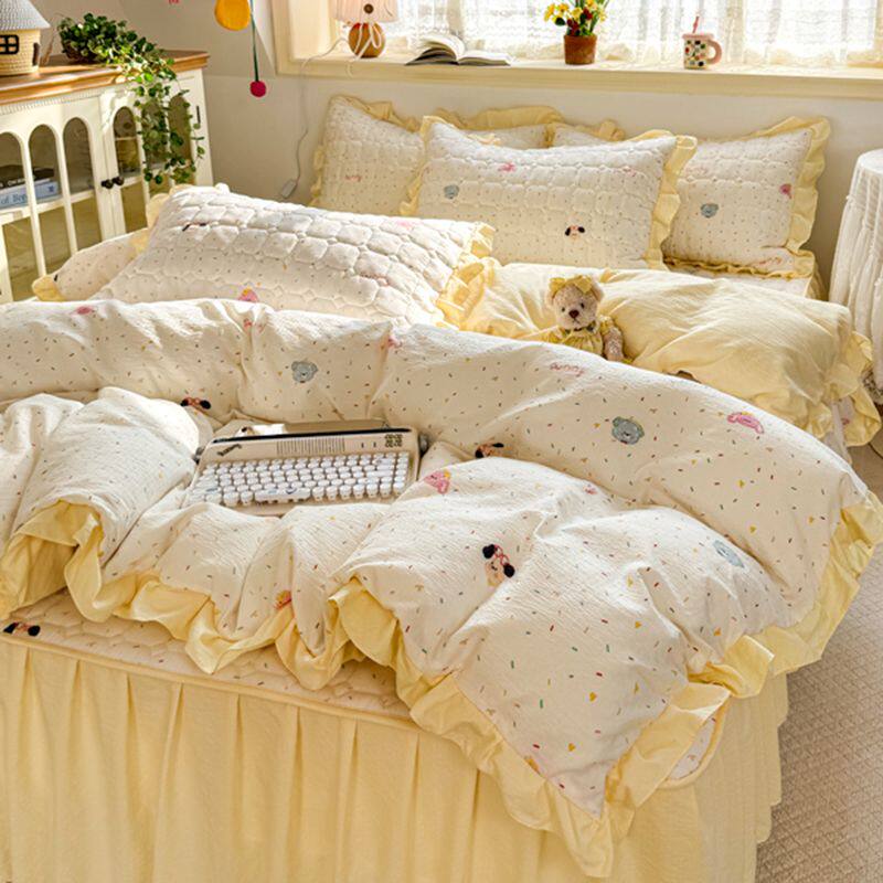 春夏新款小清新皱皱纱床裙式夹棉印花四件套公主风花边亲肤三件套