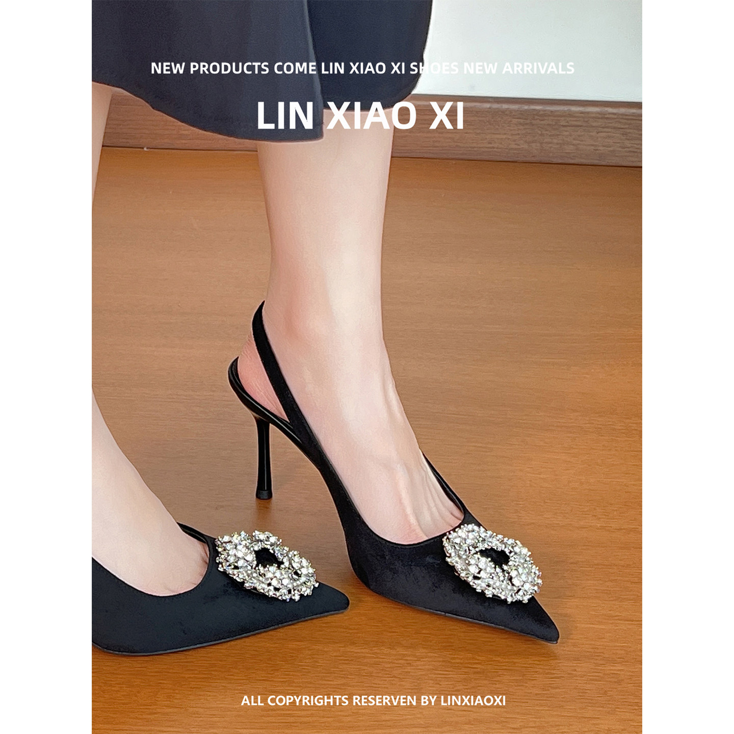 法式水钻黑色高跟鞋女细跟尖头不累脚包头凉鞋女款夏季外穿配裙子