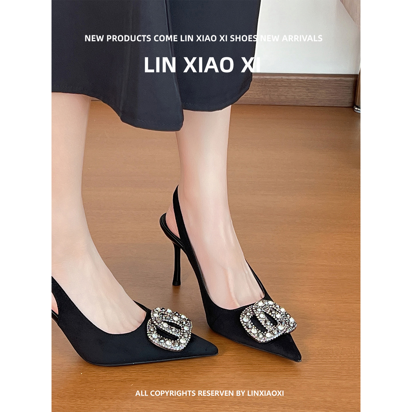 法式绝美水钻黑色高跟鞋女细跟尖头不累脚包头凉鞋女款夏季配裙子