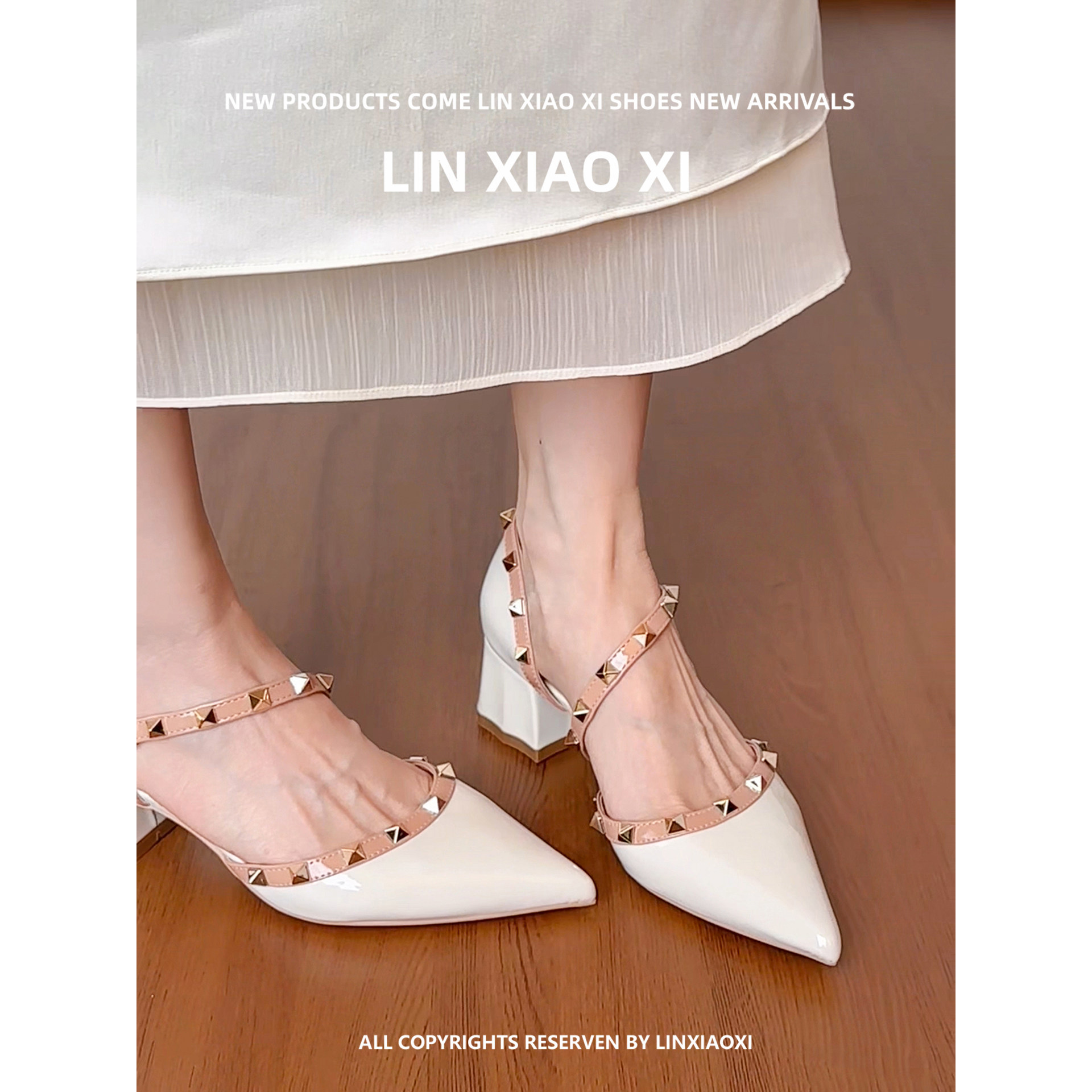 春夏新款法式铆钉白色高跟鞋女粗跟尖头不累脚一字带配裙子单鞋夏