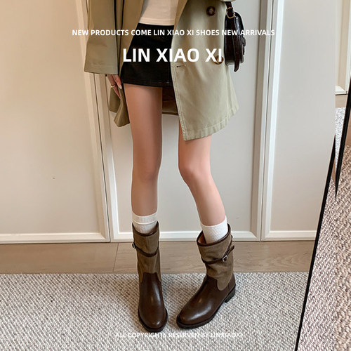 韩版真皮女中筒堆堆骑士靴棕色