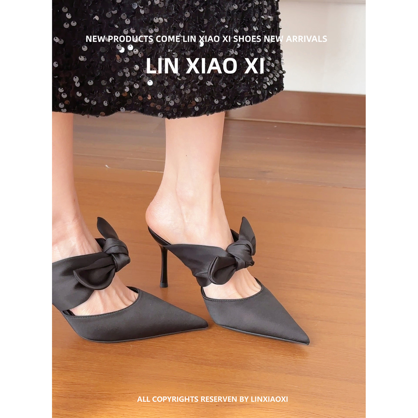 法式绝美蝴蝶结黑色高跟鞋女细跟尖头不累脚后空包头凉拖鞋配裙子