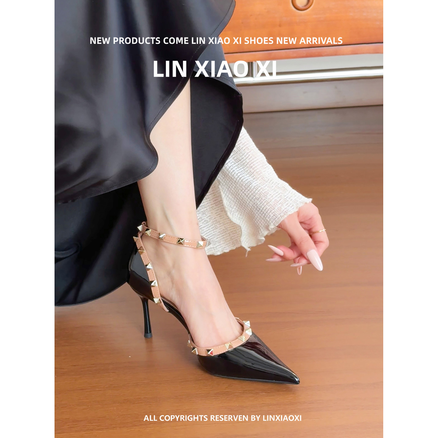 法式绝美铆钉黑色高跟鞋女细跟尖头一字带包头凉鞋性感御姐单鞋夏