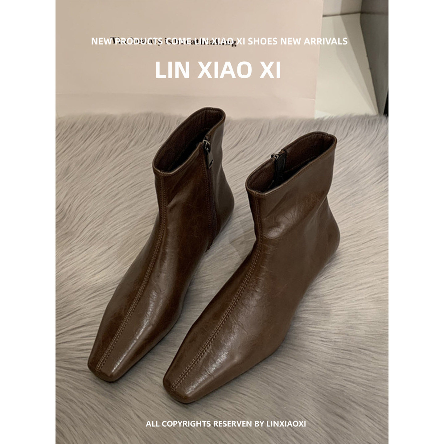 美拉德咖方头低跟显瘦短靴