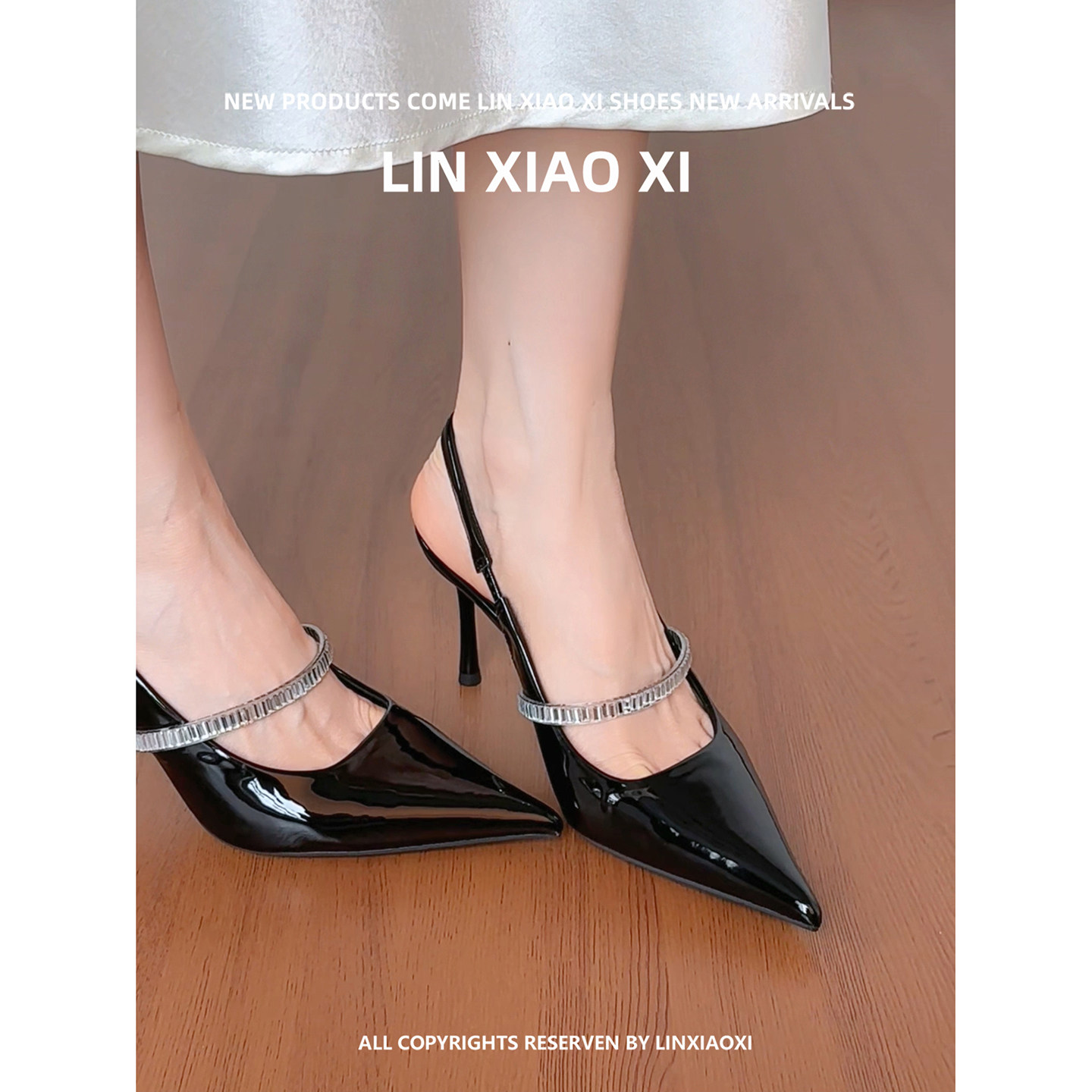 法式绝美水钻黑色高跟鞋女细跟尖头不累脚一字带后空包头凉鞋女夏