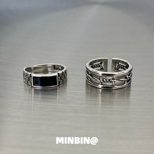 麻花荆棘戒指男生潮流嘻哈冷淡风小众单身戒复古高级食指戒可调节