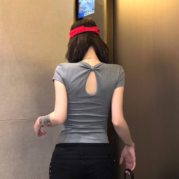 设计感小心机纯欲后背镂空短袖T恤女2025年夏季修显瘦身百搭上衣