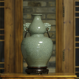 饰收藏送礼 龙泉陶瓷毛松林双环葫芦瓶哥窑粉青铁线摆件青瓷家居装