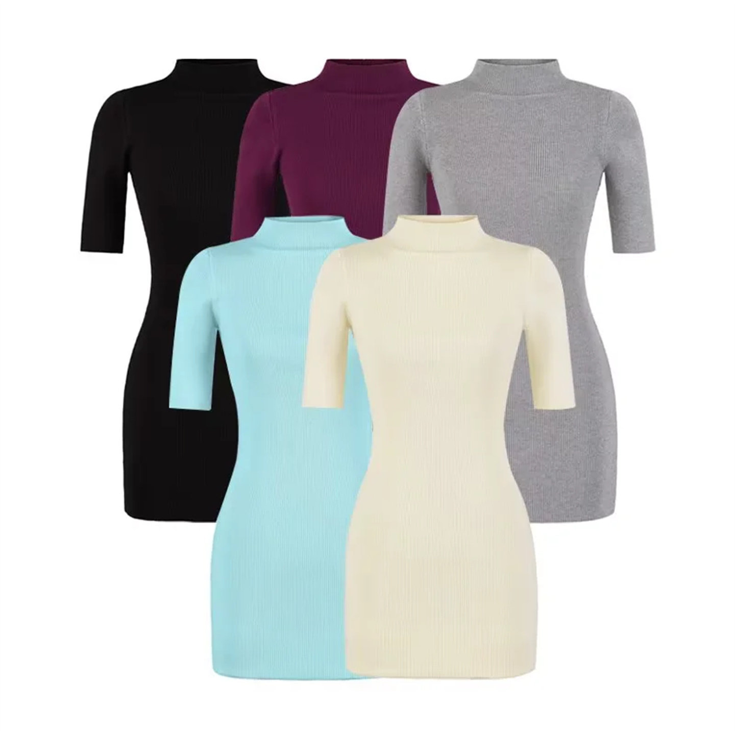 辣妹灰色半高领中袖针织连衣裙女春秋弹力紧身性感包臀打底裙短裙