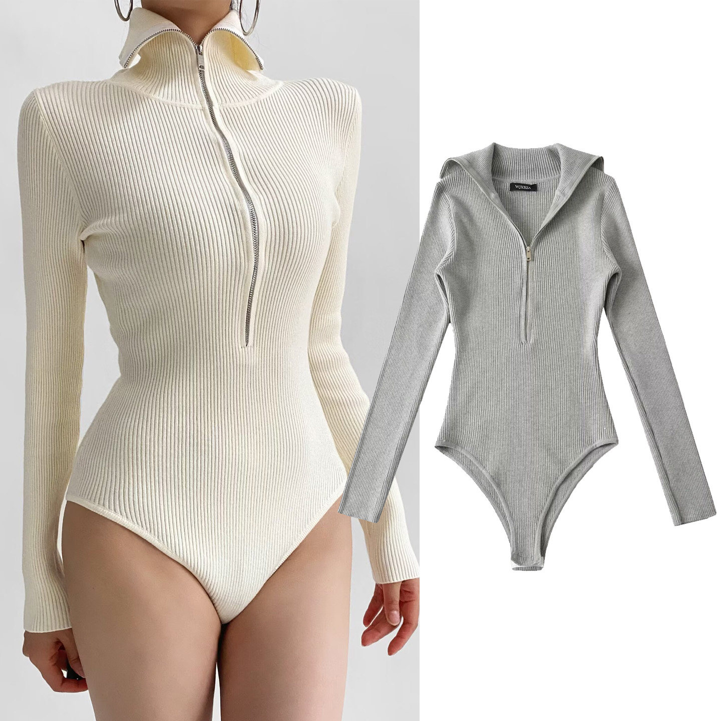 辣妹风半拉链高领针织连体衣女春秋季弹力修身性感打底衫连裆上衣,女装/女士精品,连体衣/裤,淘宝优惠券,粉丝福利购,淘宝优惠卷
