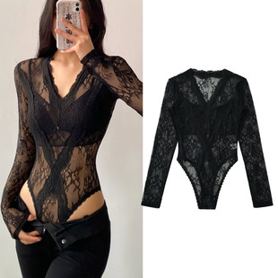 t恤连体衣 设计感性感长袖 欧美辣妹镂空透视网纱打底衫 女2024新款