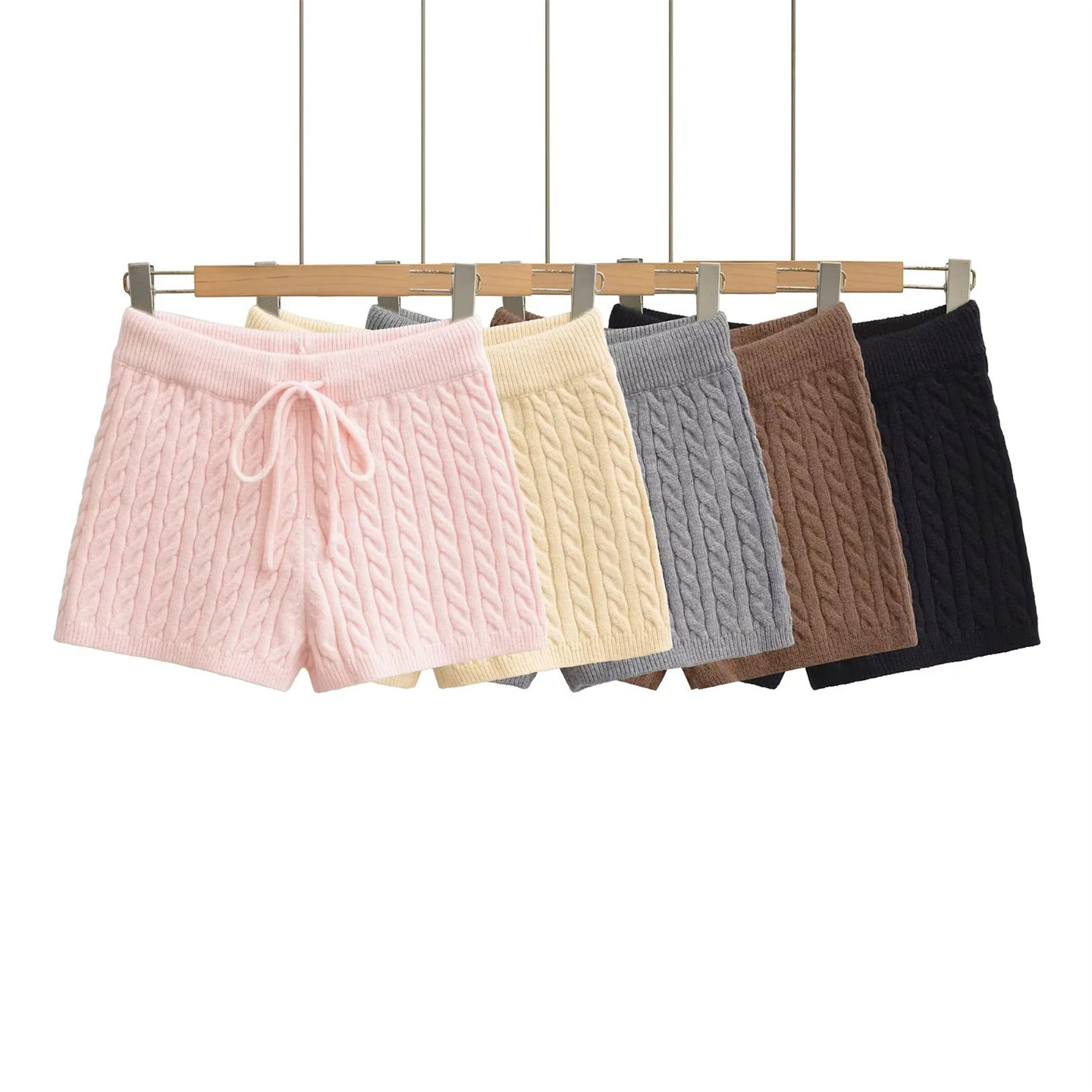 美式灰色麻花针织短裤女2025新款秋冬抽绳高腰修身性感打底毛线裤