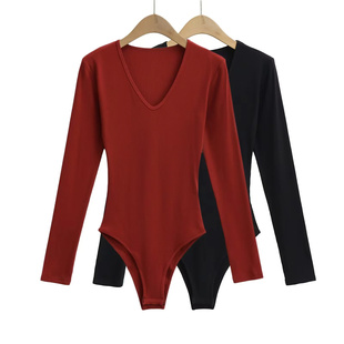 连裆上衣 显瘦打底衫 辣妹v领螺纹长袖 连体衣女秋外穿勒阴性感修身