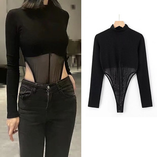 欧美bm风网纱拼接连体衣女勒阴辣妹穿搭紧身连裆长袖 半高领打底衫