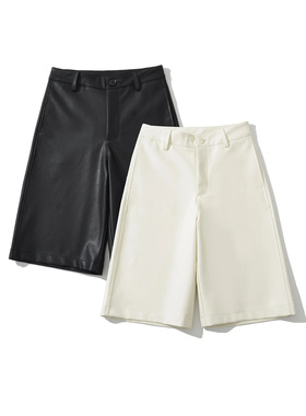 美式黑色pu皮休闲裤女短裤2025新款秋冬高腰显瘦阔腿直筒裤五分裤