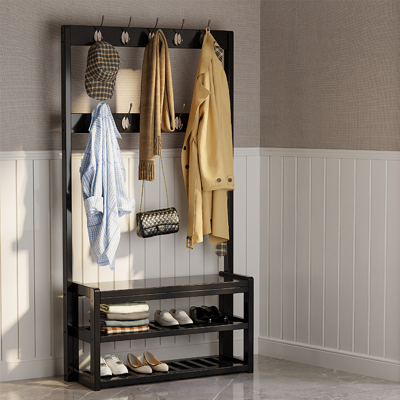 袭美木艺换鞋凳挂衣架一体