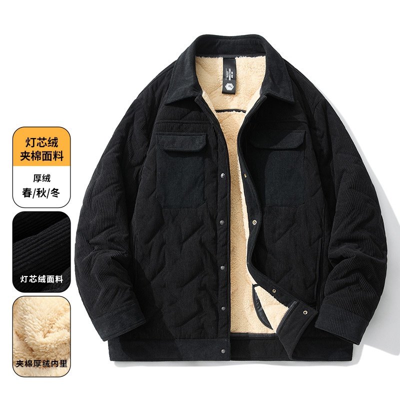 大码夹棉加绒外套男衬衫领休闲百搭跨境外贸保暖青年夹克一件代发