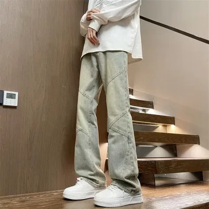 微喇裤vibe贴高街腿美式裤子拼接复古痞帅不弯刀牛仔裤直筒提档男