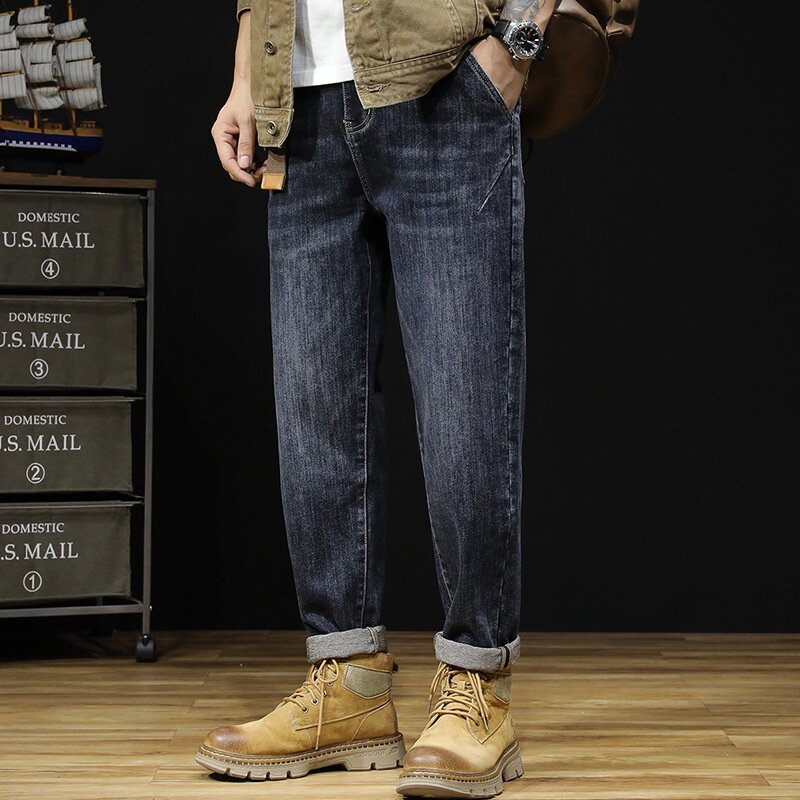 大码男装春季新款大牛风复古牛仔裤男宽松加大码弹力小脚牛仔长裤