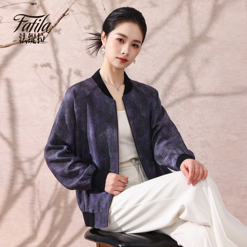 时尚真丝外套女短款春装新款2026印花桑蚕丝棒球服夹克衫上衣妈妈