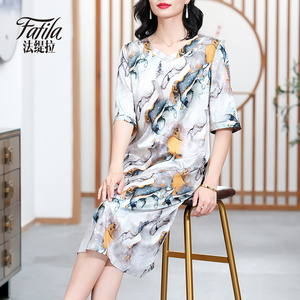 重磅真丝连衣裙女夏新款宽松大码遮肚显瘦印花桑蚕丝裙子中年妈妈