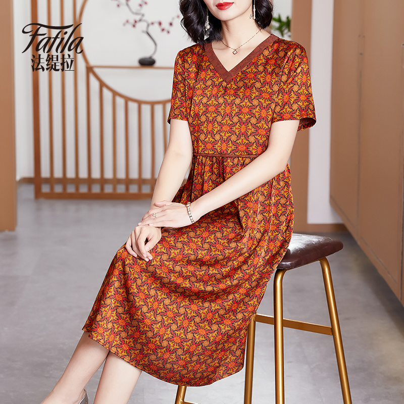 杭州重磅真丝连衣裙女夏新款短袖高腰显瘦印花桑蚕丝裙子高贵妈妈