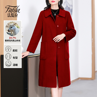 高端娃娃领双面羊绒大衣女中长款秋冬新款红色羊毛呢外套中年妈妈
