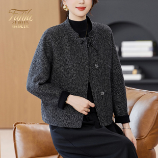 人字纹双面零羊绒大衣女短款新款小个子洋气中年妈妈毛呢外套女