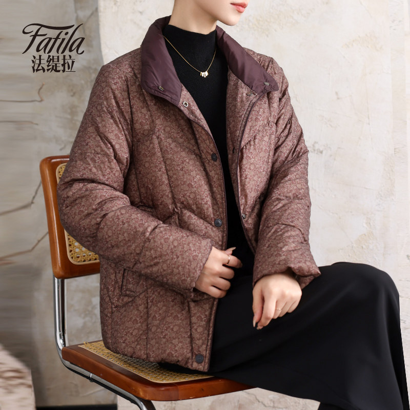 立领印花轻薄羽绒服女短款冬装新款大码加厚白鸭绒外套中老年妈妈