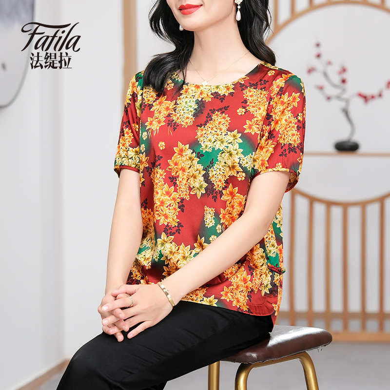 缎面重磅真丝衬衫女短袖新款春夏宽松大码印花中年妈妈桑蚕丝上衣