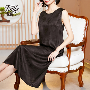 高端香云纱真丝连衣裙女夏中长款背心裙子桑蚕丝新款妈妈装