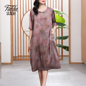 新中式 缎面桑蚕丝裙子中老年妈妈 宽松大码 重磅真丝连衣裙夏季 新款