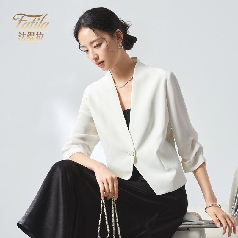 时尚通勤气质重磅桑蚕丝小西装女短款春装新款韩版v领醋酸外套