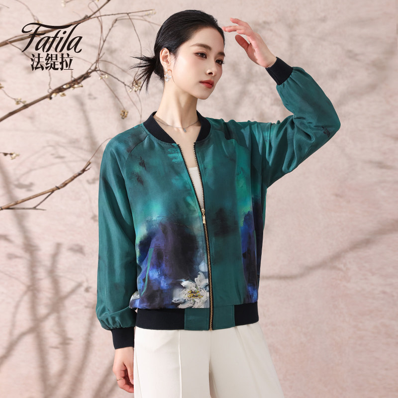 时尚真丝外套女短款春装新款2026印花桑蚕丝棒球服夹克衫上衣妈妈